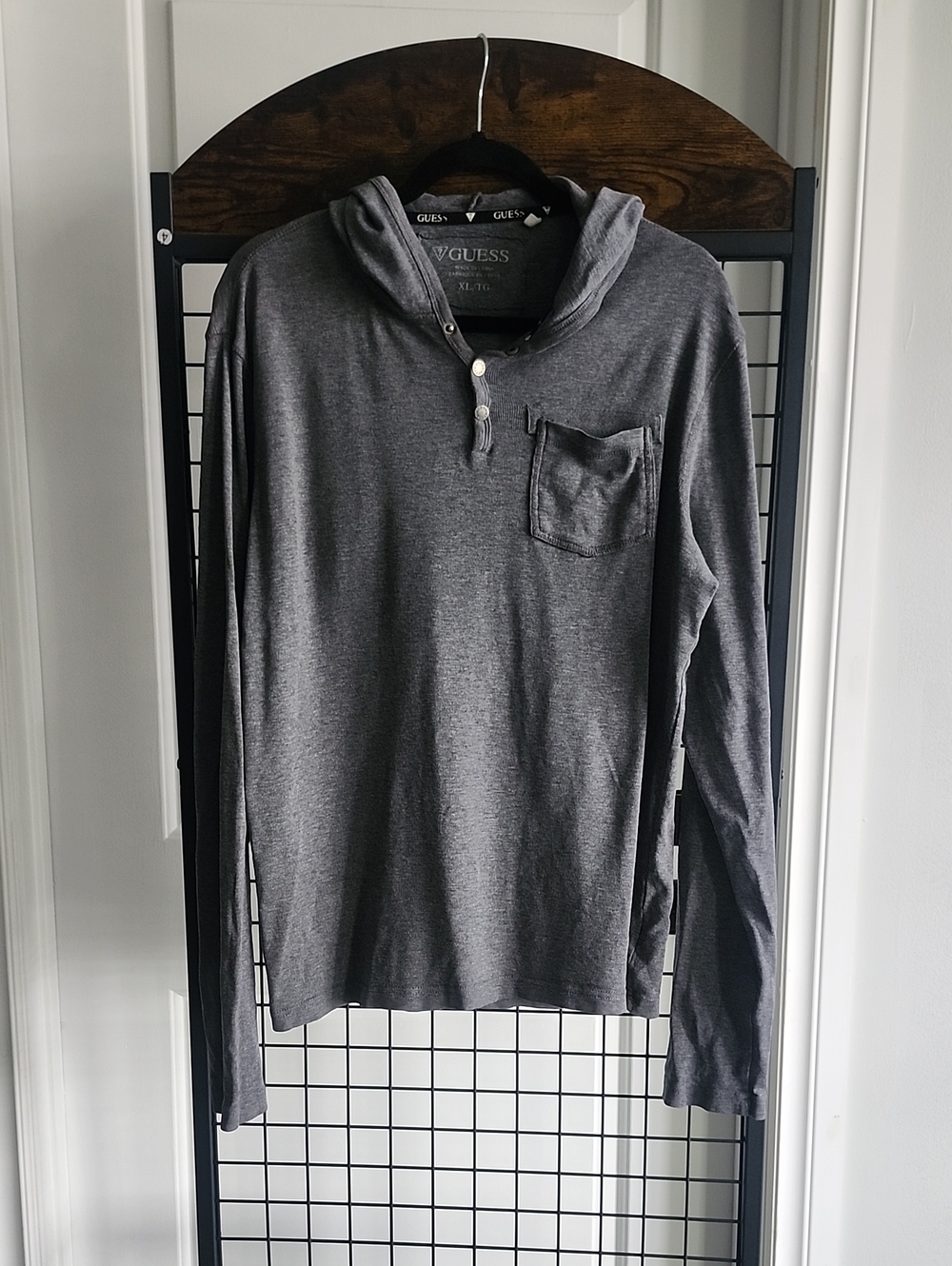 GUESS Men's Dark Gray Hooded Henley with Chest Pocket